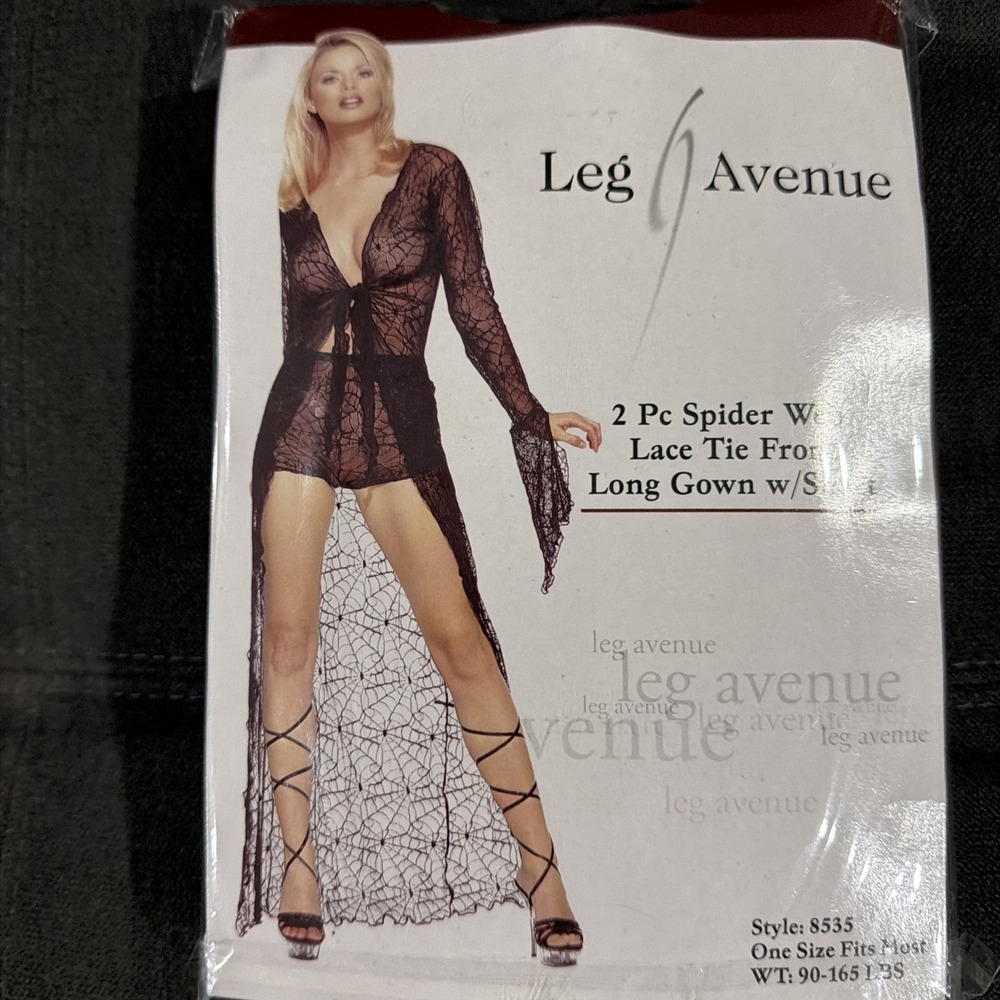 Leg Avenue 8535 Black Spider Web Lace Tie Front Long Gown Shorts Set One Size